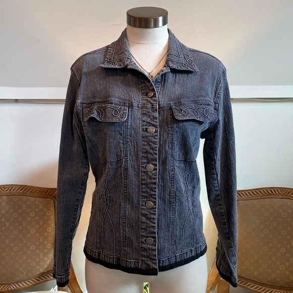 Chico's Jackets & Blazers - Vintage 90s Distressed Black Denim Jean Jacket Decorative Embroidery Grunge Y2K